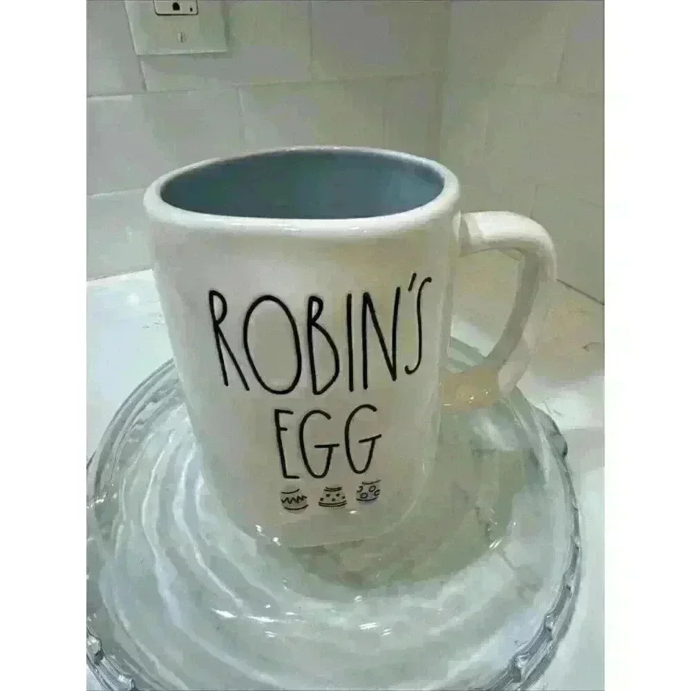 Rae Dunn Robins Egg Mug with Easter Eggs White with Blue Interior 20 Ounces